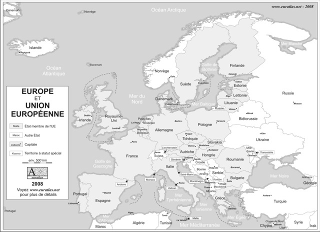Carte d'Europe légendée en niveaux de gris