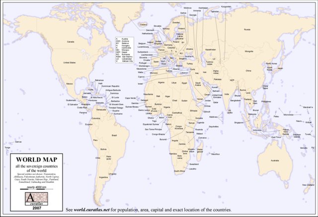 world map with countries and cities labeled. World color labeled map