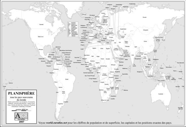 Carte du monde noir-blanc légendée