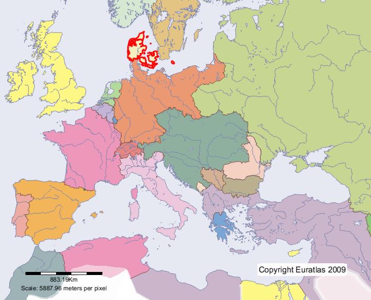 Map of Denmark in year 1900