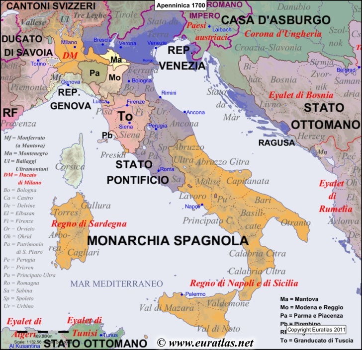 Map of the Apennine Peninsula in the year 1700