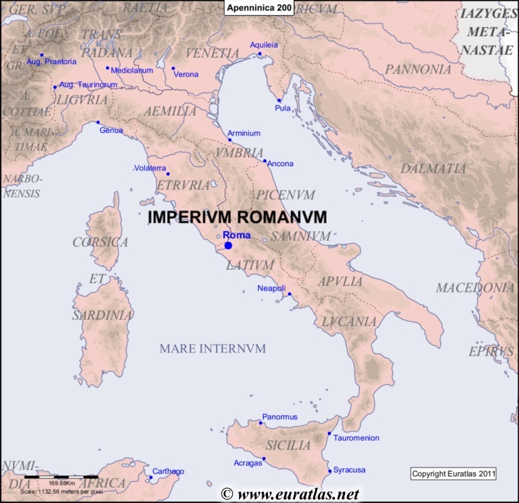 Carte de la péninsule apennine en l'an 200