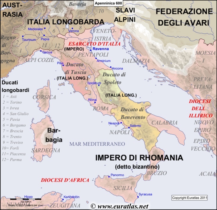Map of the Apennine Peninsula in the year 600