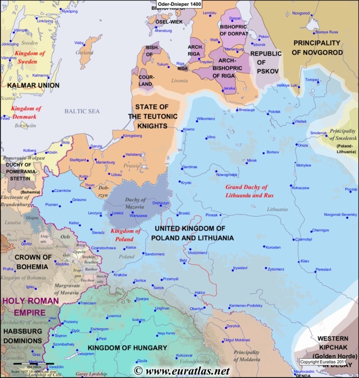 Carte de l'aire Oder-Dniepr en l'an 1400
