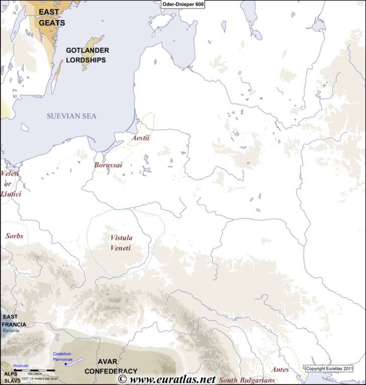 Karte des Landes zwischen Oder und Dnepr im Jahr 600