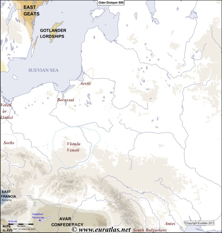 Carte de l'aire Oder-Dniepr en l'an 600