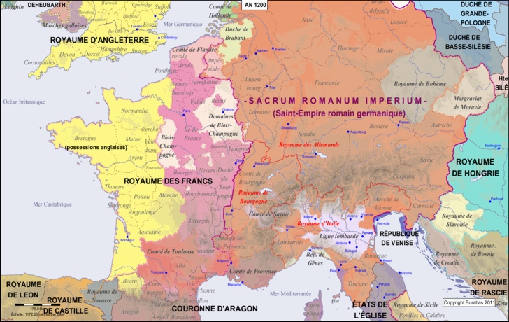 Carte de l'aire entre Pyrénées et Rhin en l'an 1200