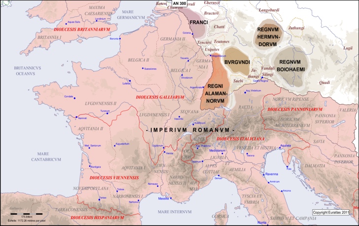Karte des Landes zwischen Pyrenäen und Rhein im Jahr 300