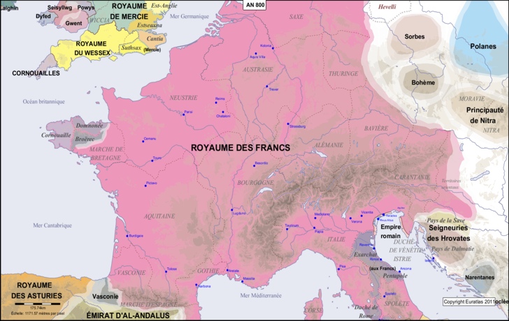 Karte des Landes zwischen Pyrenäen und Rhein im Jahr 800