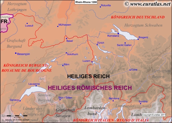 Carte de l'aire Rhin-Rhône en l'an 1200