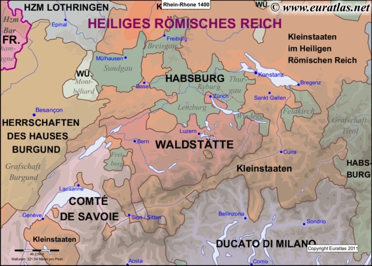 Karte des Landes zwischen Rhein und Rhone im Jahr 1400