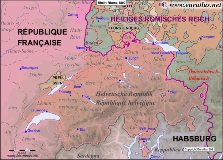 Carte de l'aire Rhin-Rhône en l'an 1800