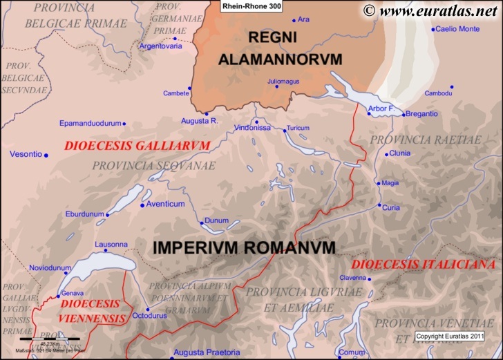 Karte des Landes zwischen Rhein und Rhone im Jahr 300