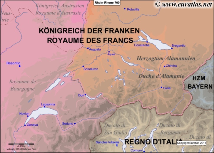 Carte de l'aire Rhin-Rhône en l'an 700