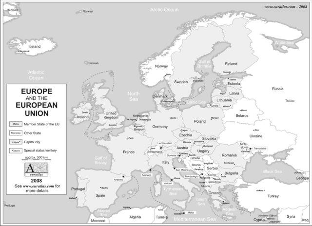 Europe and European Union with labels, grey