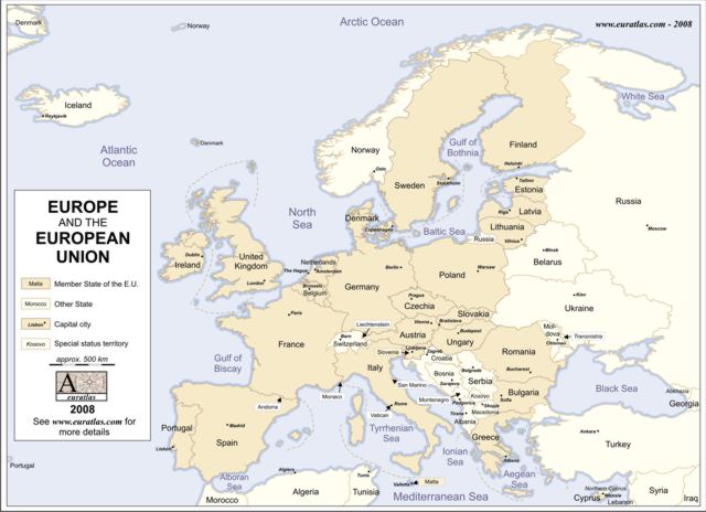 Europe and European Union with labels,color