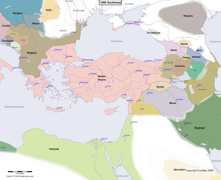 Map showing Europe 1000 Southeast