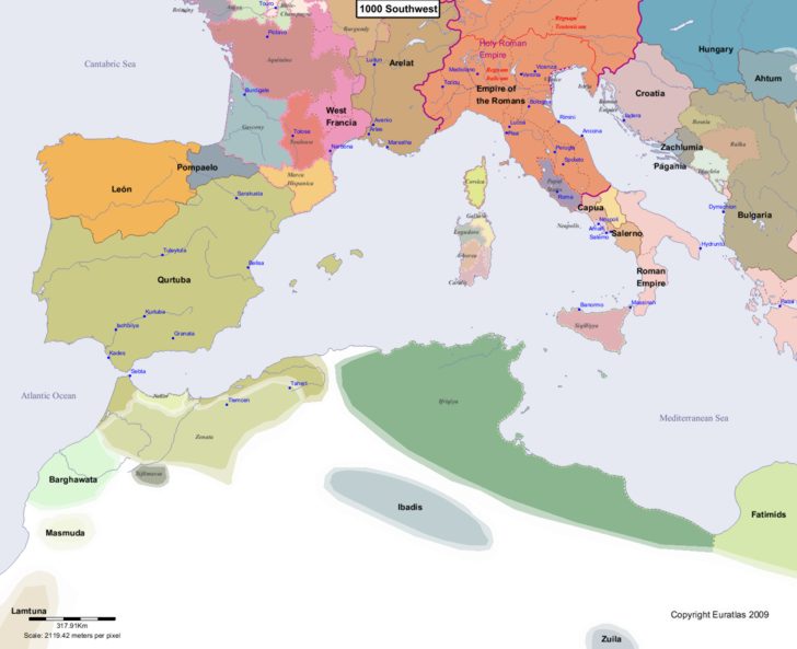 Map showing Europe 1000 Southwest