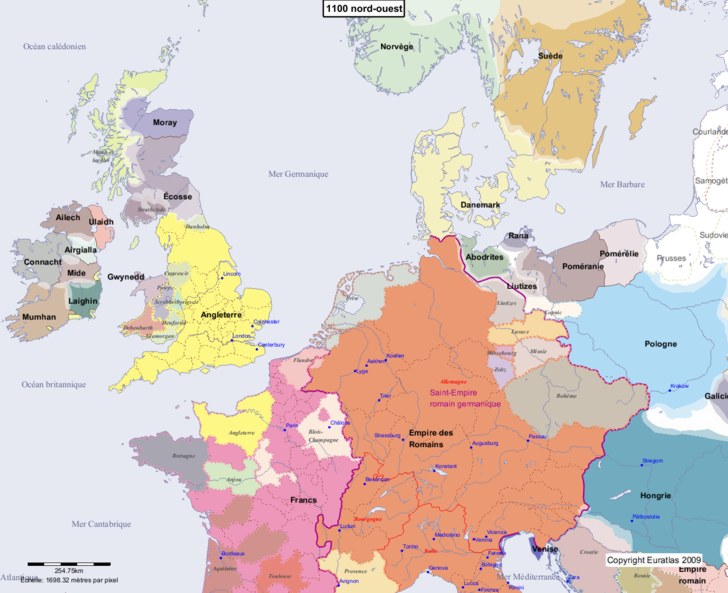 Carte montrant l'Europe en 1100 nord-ouest