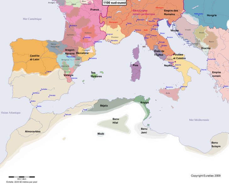 Carte montrant l'Europe en 1100 sud-ouest