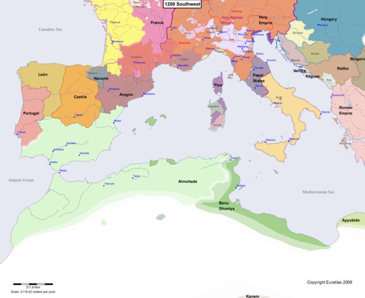 Map showing Europe 1200 Southwest