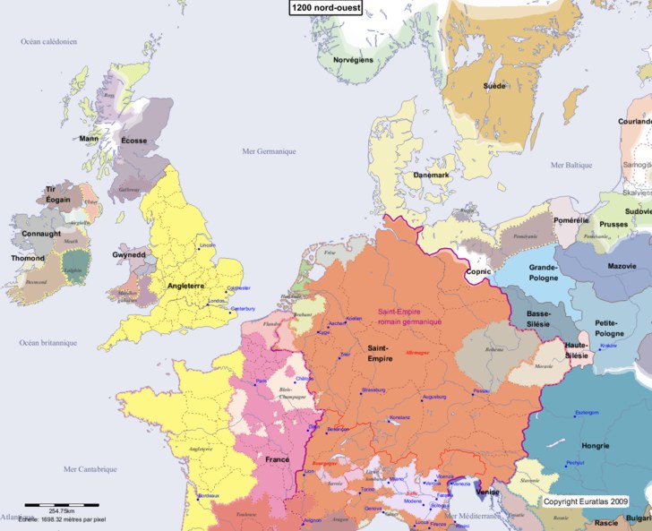 Carte montrant l'Europe en 1200 nord-ouest