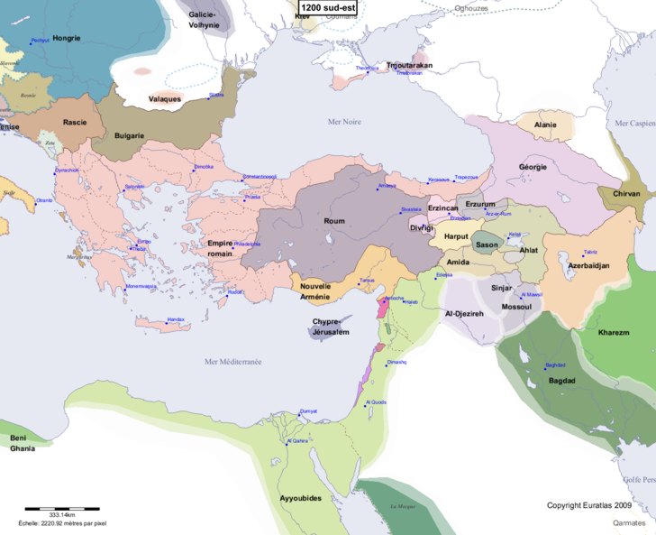 Carte montrant l'Europe en 1200 sud-est