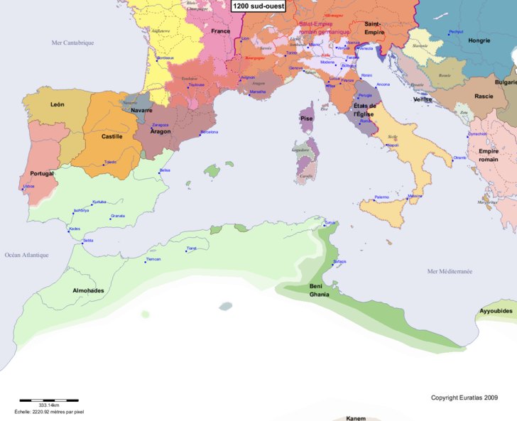 Carte montrant l'Europe en 1200 sud-ouest