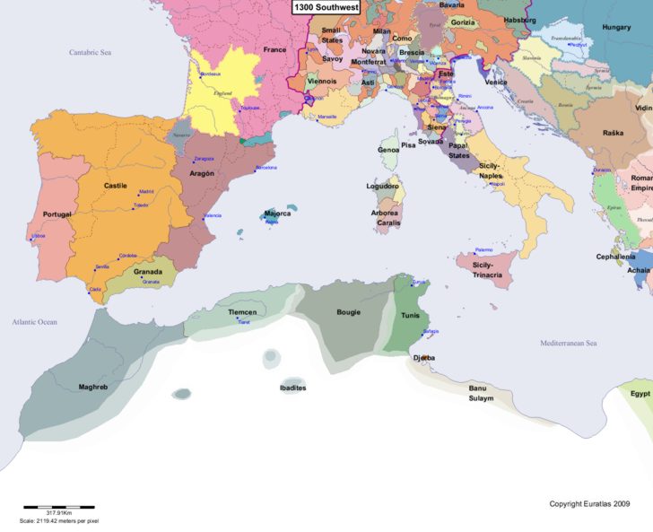 Map showing Europe 1300 Southwest
