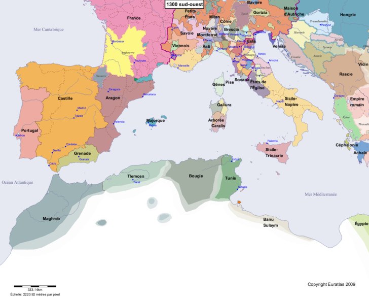 Carte montrant l'Europe en 1300 sud-ouest