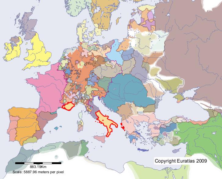 Map of Sicily-Naples in year 1300