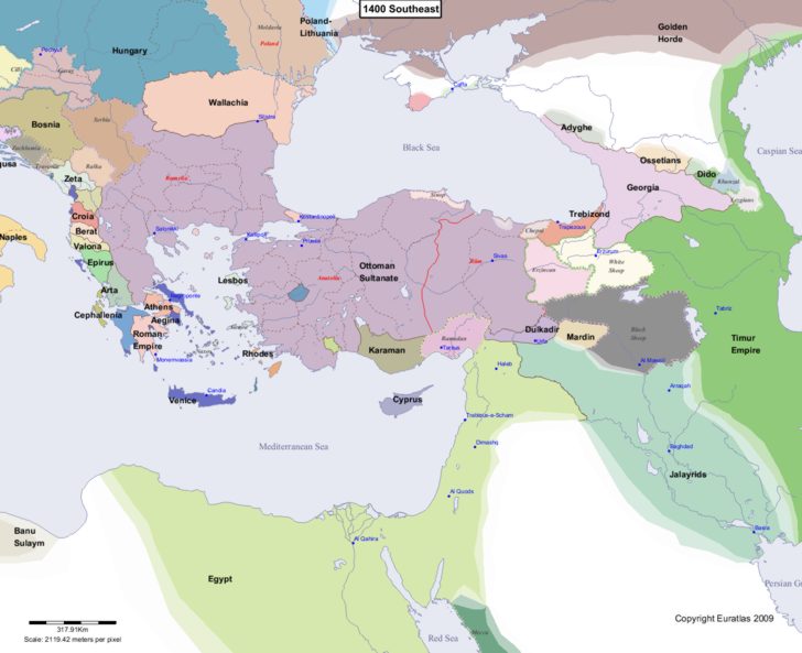 Map showing Europe 1400 Southeast