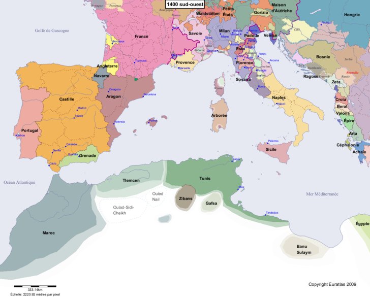 Carte montrant l'Europe en 1400 sud-ouest