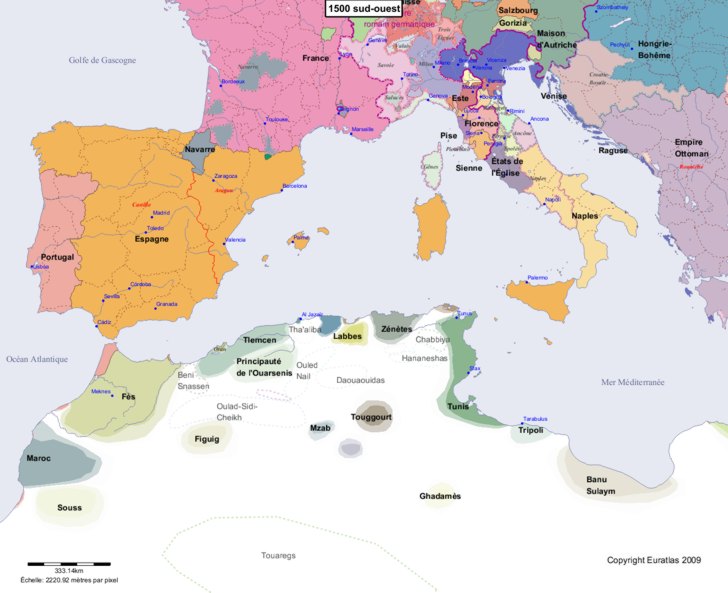 Carte montrant l'Europe en 1500 sud-ouest