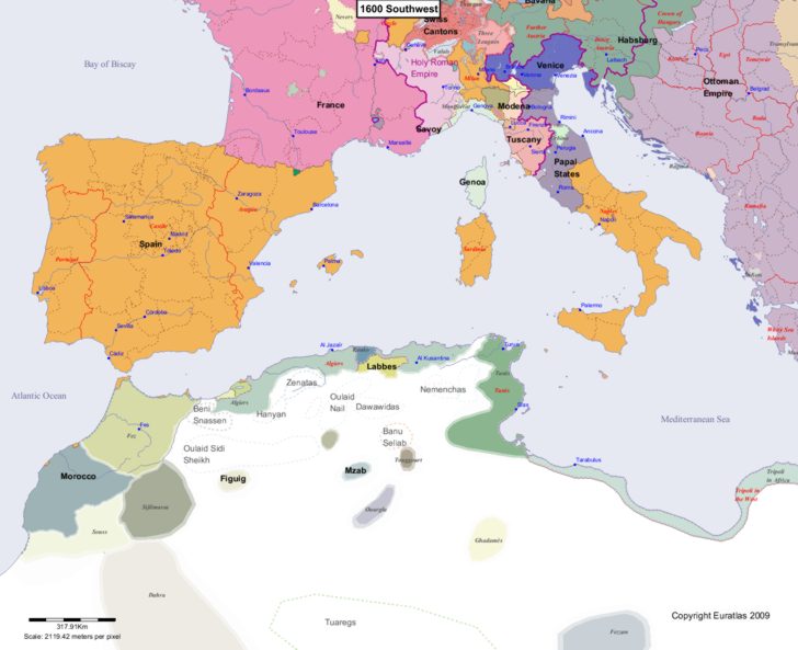 Map showing Europe 1600 Southwest