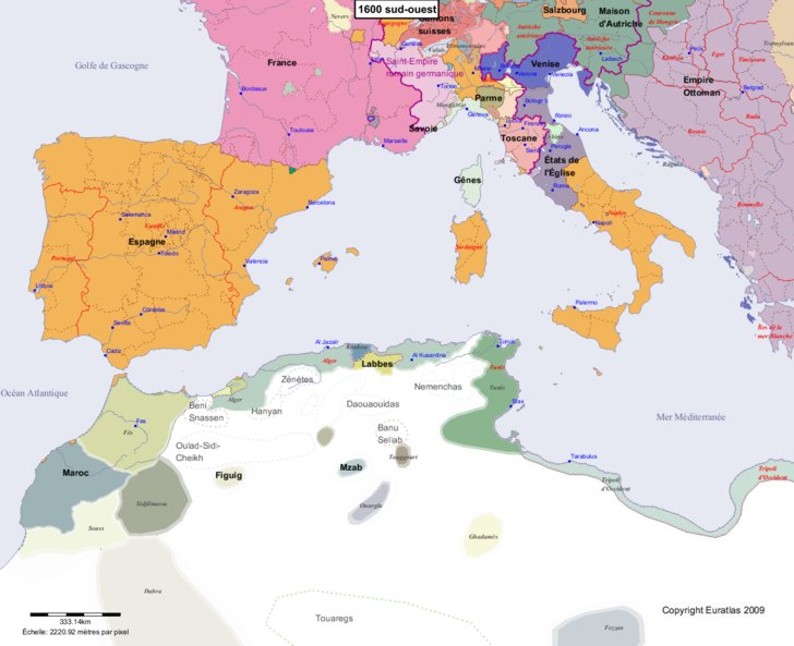 Carte montrant l'Europe en 1600 sud-ouest