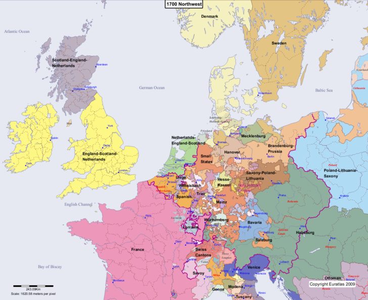 Map showing Europe 1700 Northwest