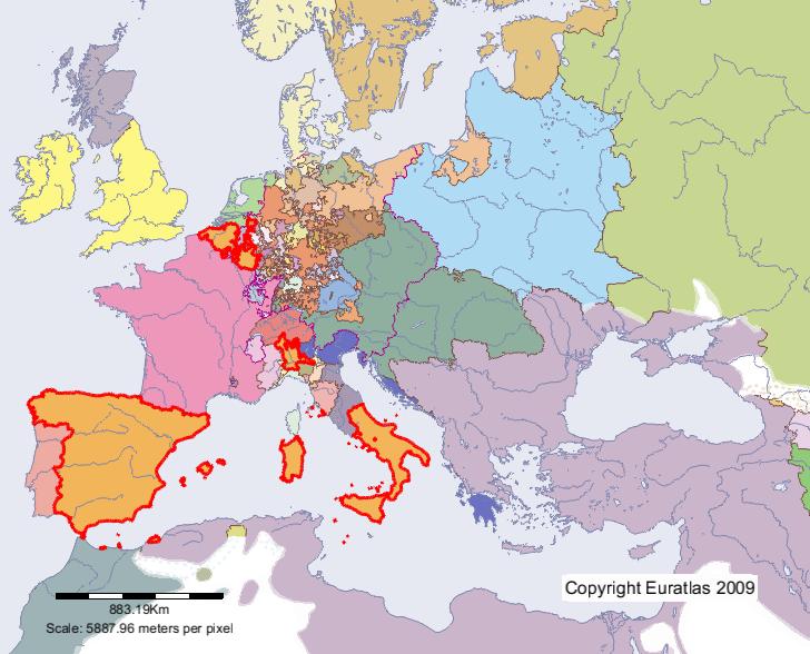 Map of Spanish in year 1700