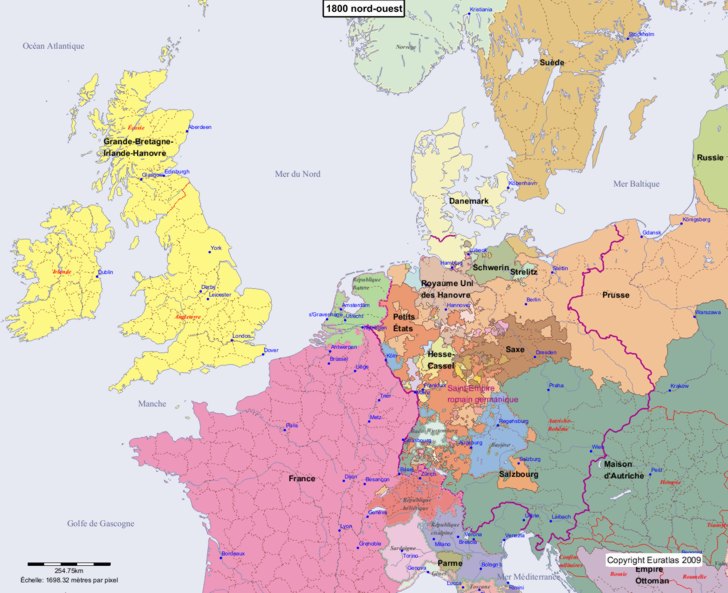 Carte montrant l'Europe en 1800 nord-ouest