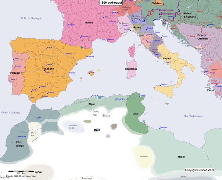 Carte montrant l'Europe en 1800 sud-ouest