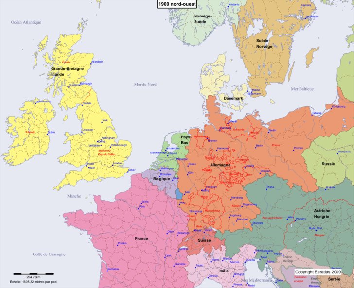 Carte montrant l'Europe en 1900 nord-ouest