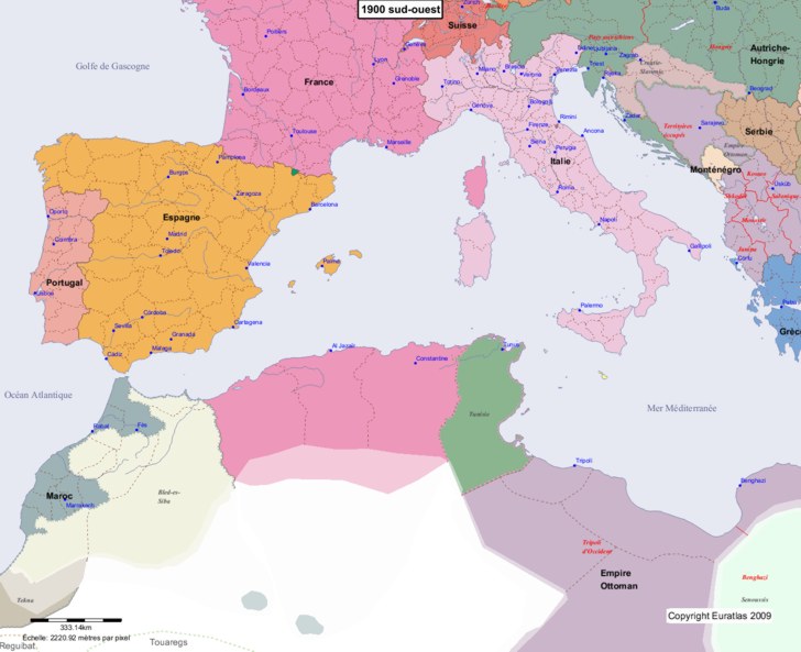 Carte montrant l'Europe en 1900 sud-ouest