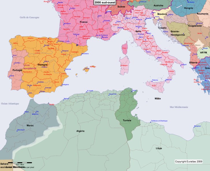 Carte montrant l'Europe en 2000 sud-ouest