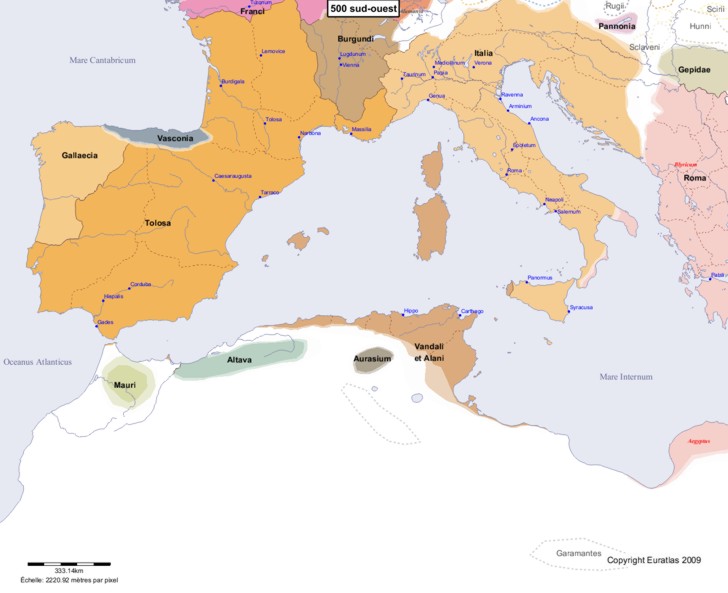 Carte montrant l'Europe en 500 sud-ouest