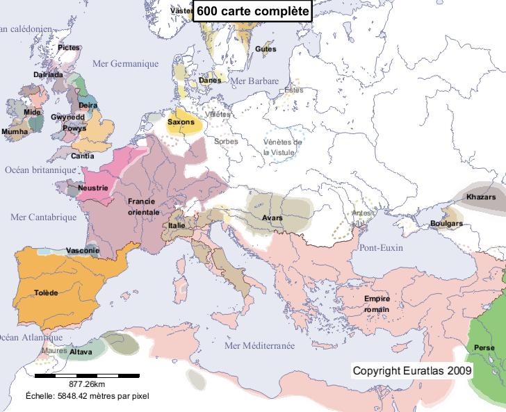 Carte complète de l'Europe en l'an 600