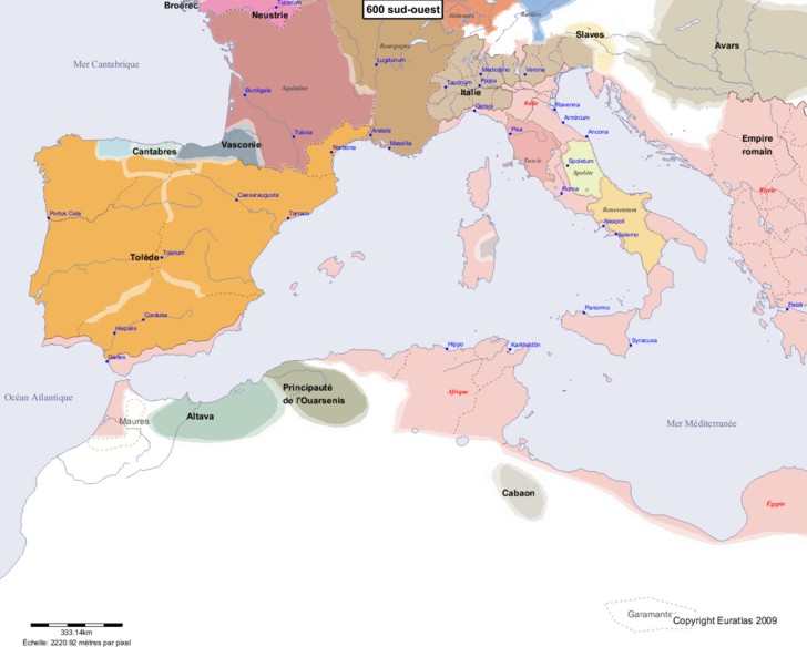 Carte montrant l'Europe en 600 sud-ouest