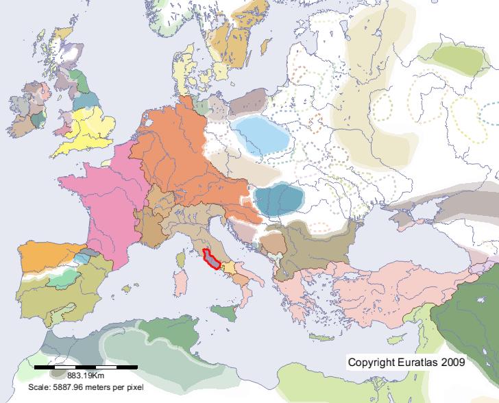 Karte von Weltliches Herrschaftsgebiet des Papstes im Jahre 900