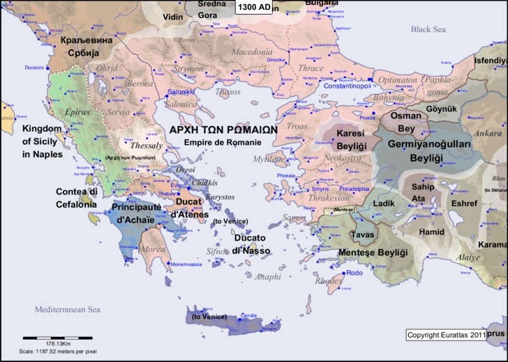 Carte du bassin égéen en l'an 1300