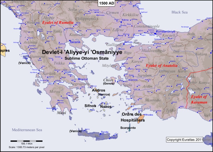 Carte du bassin égéen en l'an 1500