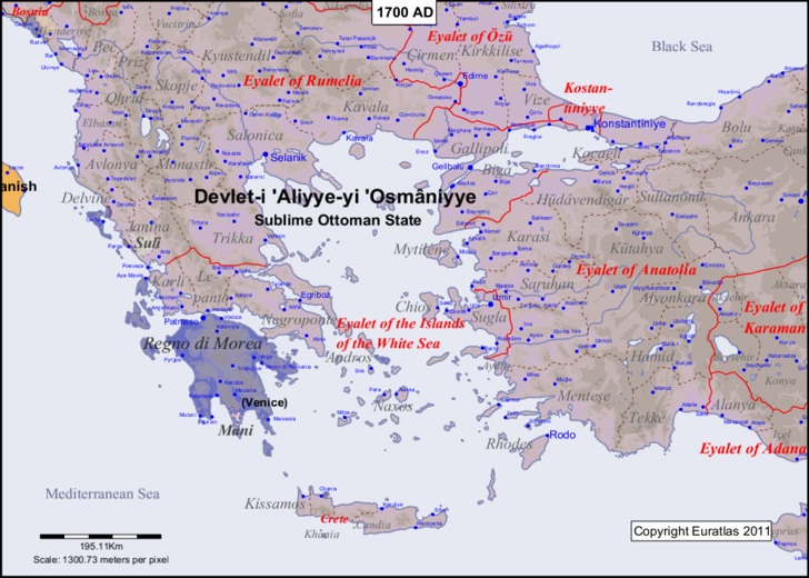 Map of the Aegean area in the year 1700